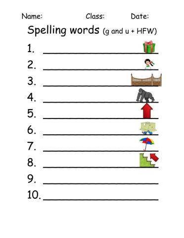 Spelling g and u words and HFWs