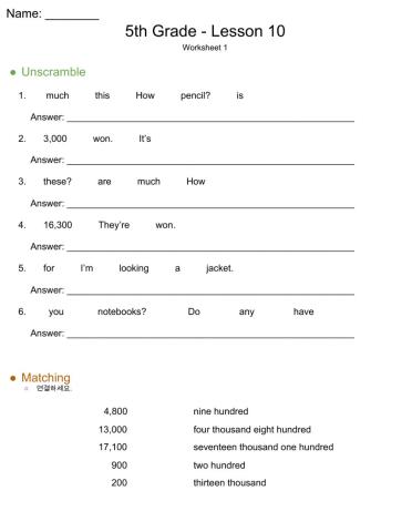 5th Grade YBM (최) Lesson 10 - WS 1