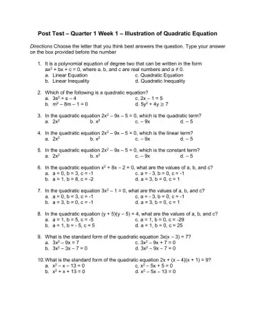 Mathematics  9 Quarter1 Week1- Post Test-Summative Test in Illustration of a Quadratic Equation