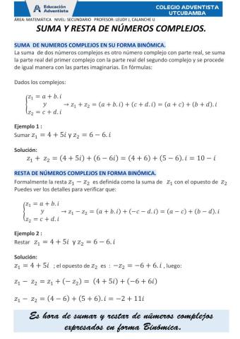 SUMA Y RESTA DE NÚMEROS COMPLEJOS EN FORMA BINÓMICA Y FORMA RECTANGULAR
