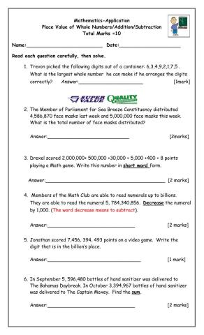 Place Value of Whole Numbers-Addition-Subtraction