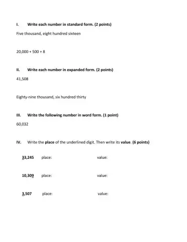 Unit 1Test: Place Value, Comparing, ordering, and Rounding Numbers