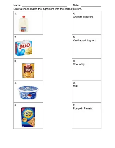 Match ingredients for pumpkin pie