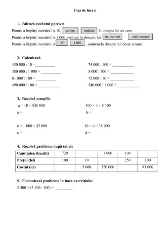 Împărțirea cu 10, 100, 1 000