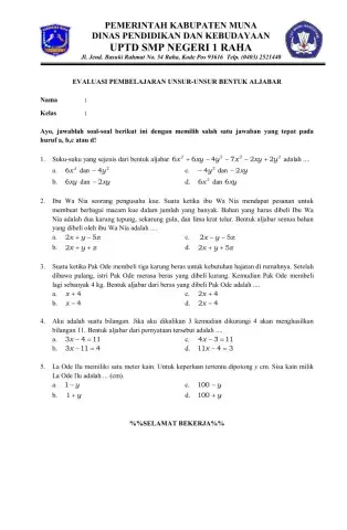 Evaluasi Unsur-Unsur Bentuk Aljabar