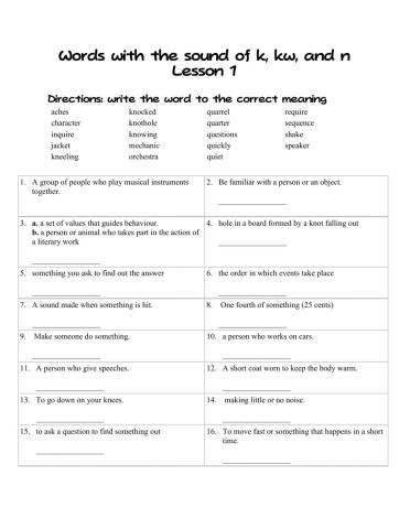 Words with the sounds of k, kw, and k