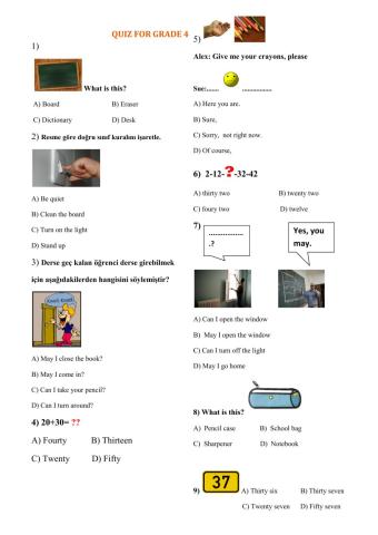 Quiz numbers, school objects, classroom rules, nationalities