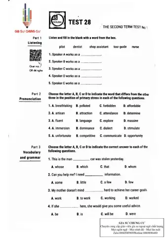 Lớp 9 - Kiểm tra 1 tiết (test số 28)