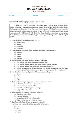 Penilaian Harian 3 Bahasa Indonesia Tema 3 Subtema 3
