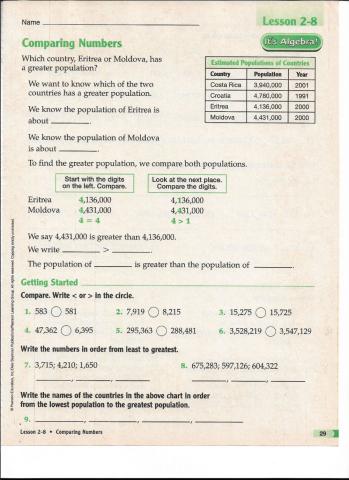Comparing and Ordering whole number 1