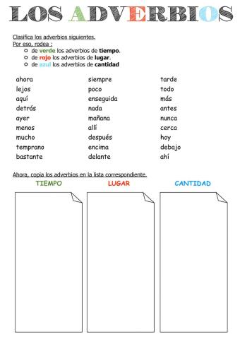 LOS ADVERBIOS (tiempo - lugar - cantidad)