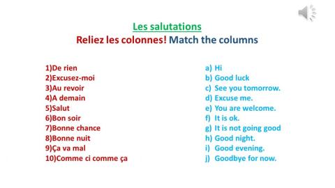 Les salutations - Reliez les colonnes