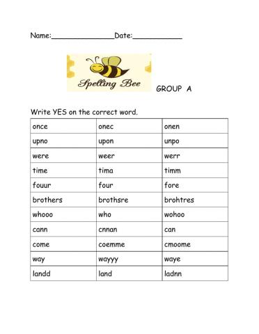 Spelling Words Test Group A Octobe 4th