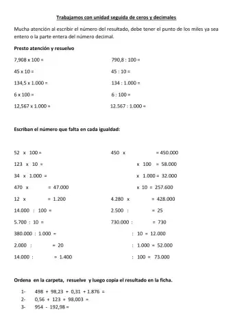 Unidad Seguida de ceros - Operaciones con decimales