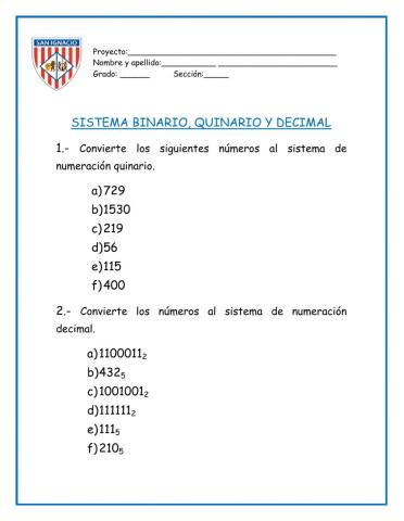 Binarios, quinarios y decimales