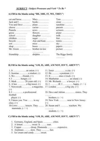 Subjects pronoun, to be