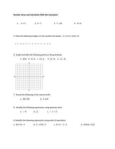 Number Sense and Calculation Skills (No Calculator)
