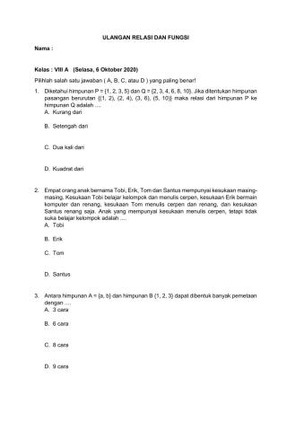 Ulangan Relasi dan Fungsi