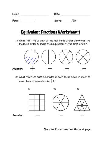 Equivalent Fractions Worksheet 1