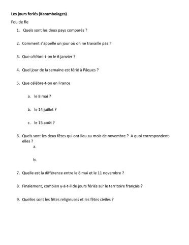 Les Jours Fériés en France