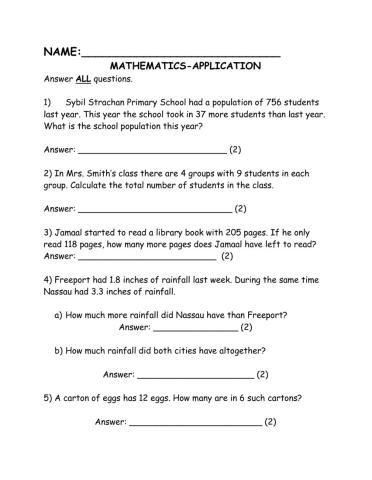 Mathematics Application pretest
