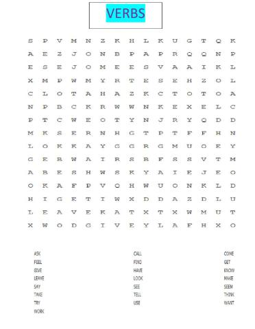 Verbs and adjectives wordsearch