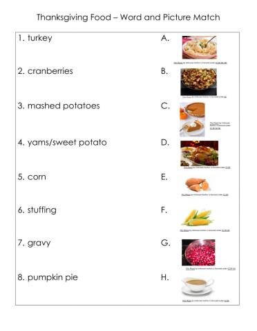 Thanksgiving Food - Word and Picture Match