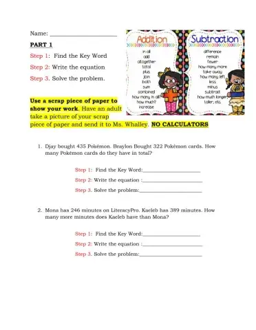 One step addition and subtraction word problems