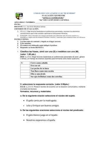 Evaluación Quimestral Sexto