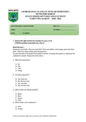 Soal PTS B.Inggris kelas 4 semester 1