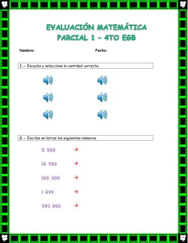 Evaluación Matemática 4to EGB - Parcial 1