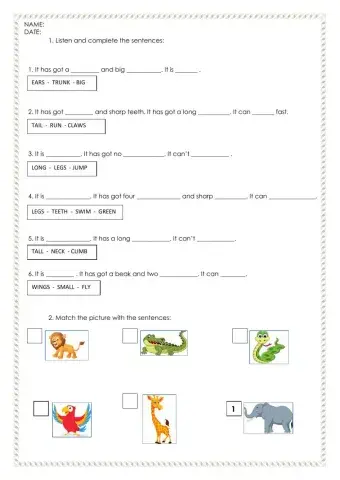Animal body parts - listen, complete and match