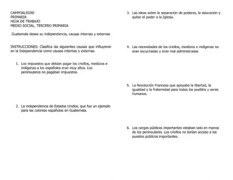 Causas internas y externas en la Indepencencia de Guatemala