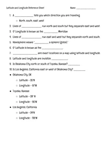 Latitude and Longitude Reference Sheet
