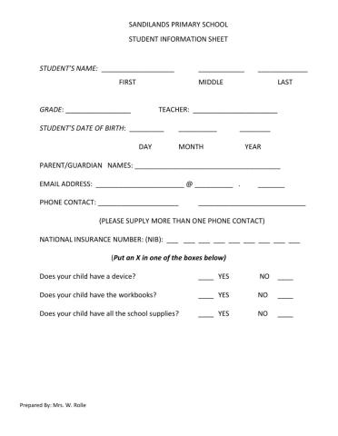 STUDENT INFORMATION SHEET