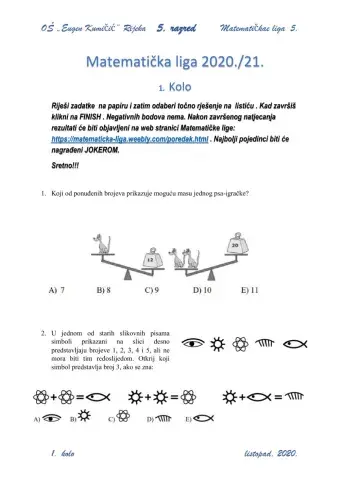 MATEMATIČKA LIGA 1 KOLO 5 RAZRED