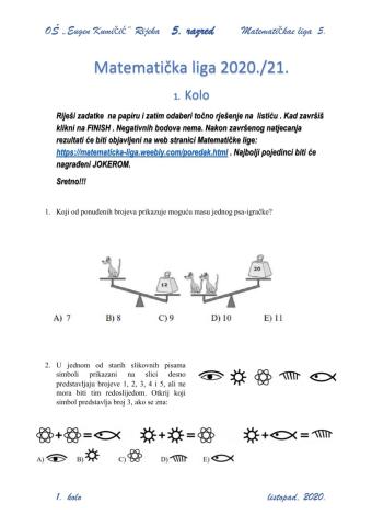 MATEMATIČKA LIGA 1 KOLO 5 RAZRED