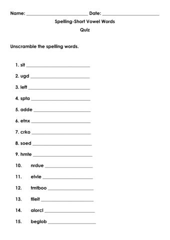 Short Vowel Spelling Word Quiz