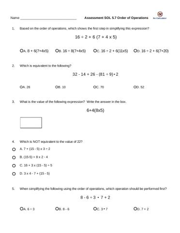 5.7 Order of Operations Quiz