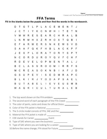 FFA Terms and Wordsearch