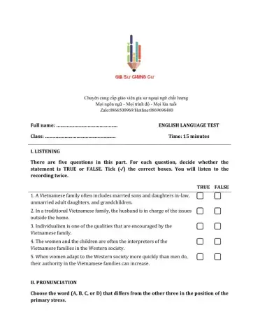 Lớp 10 - Kiểm tra 15 phút - Kỹ năng Nghe + Ngữ âm số 3