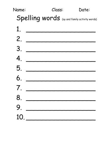Spelling test ay and family activity words