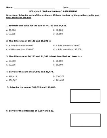 Estimate-Add-Subtract Whole Numbers with Word Problems