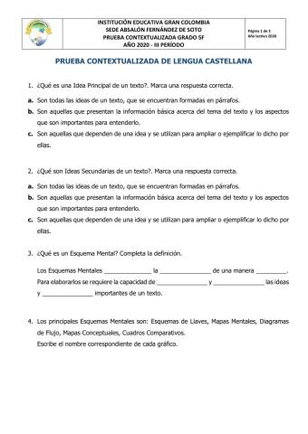 PRUEBA CONTEXTUALIZADA DE LENGUA CASTELLANA. GRADO 5F
