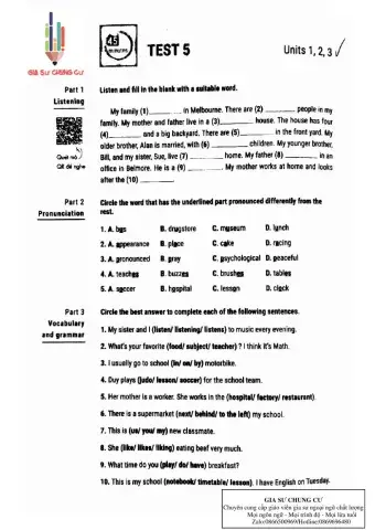 Lớp 6- Test 5: kiểm tra 45 phút