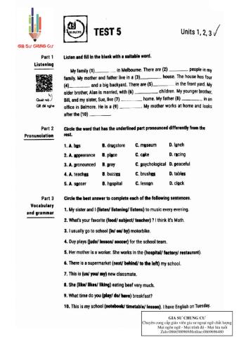 Lớp 6- Test 5: kiểm tra 45 phút