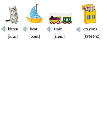 New words boat, train, kitten, crayons