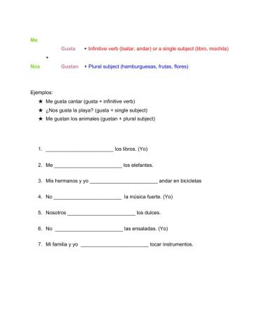 Gustar worksheet with me and nos