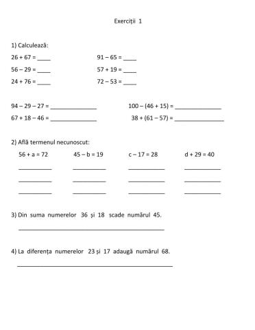 Adunări și scăderi , cu numere de la 0 la 100
