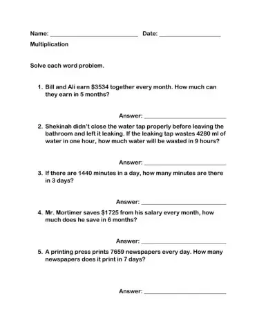Multiplying 4 Digits by 1 Word Problems
